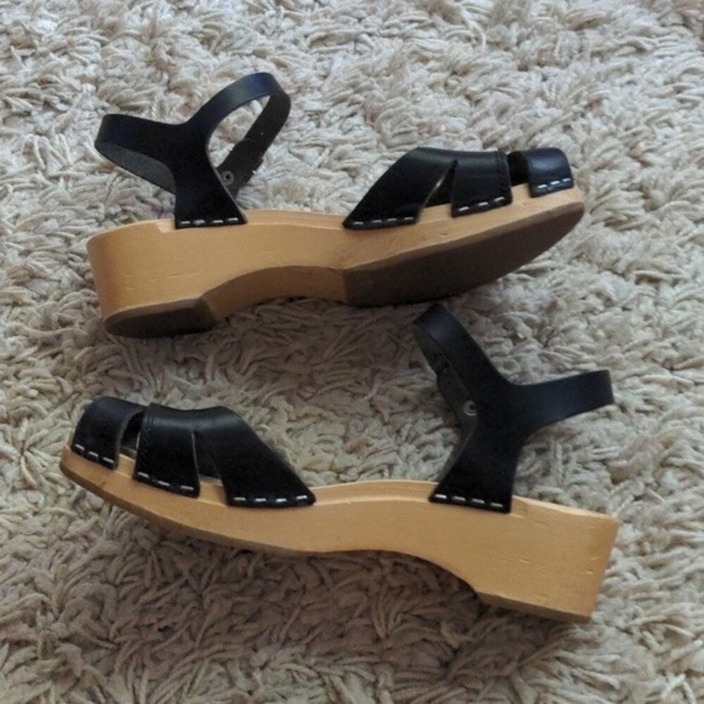 Swedish Hasbeens Black Leather Peep-Toe Slingback Cork Sandals - Picture 5 of 14